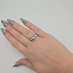 Aquamarine Three Stone Prong Ring Round Gemstones Costume Jewelry RA15